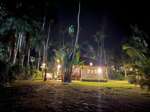 una casa de noche con palmeras alrededor en Playa Bonita 4 minute walk from our private Villa Anantara Bonita en Las Terrenas