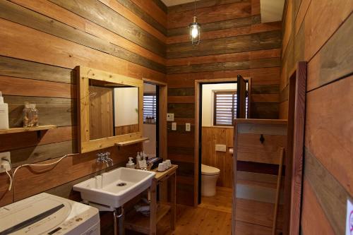a bathroom with wooden walls and a sink and a toilet at Private House NINUFA in Ie