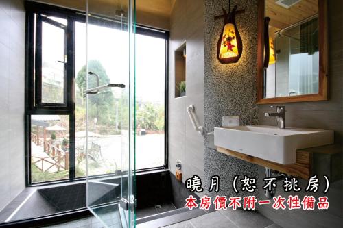 鹿谷的住宿－聽濤園山莊，一间带水槽和玻璃淋浴的浴室