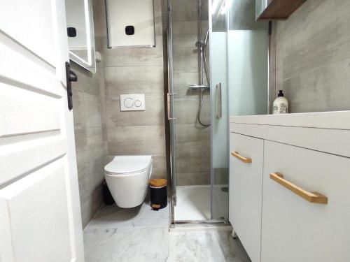 une petite salle de bain avec toilettes et douche dans l'établissement GARDEN LEVEL nearby beach, à Nice