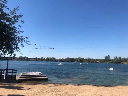 a lake with a dock and swans in the water at Appartement T3 Aux Deux Cigognes Gries in Gries