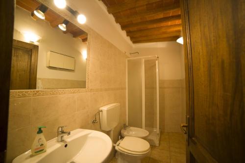 bagno con lavandino, servizi igienici e specchio di Casa Vacanza Francesca #10 a Sassetta