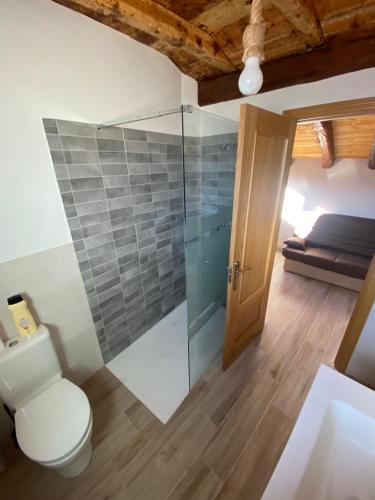 a bathroom with a toilet and a glass shower at Casa Juan in Gea de Albarracín