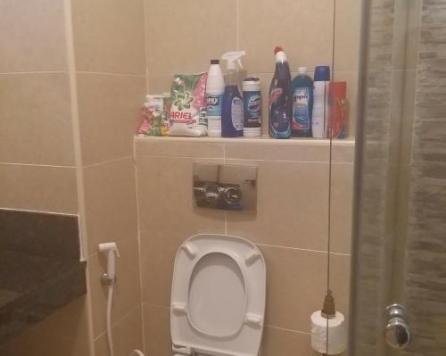 a bathroom with a toilet and a shelf with cleaning products at Lux Suites Diani Beachfront Studio Apartments in Ukunda
