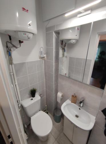 a bathroom with a toilet and a sink at Studio Bohaterów Monte Cassino in Sopot