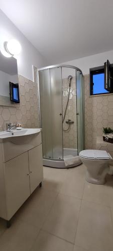 a bathroom with a shower and a toilet and a sink at Mera Hills House in Mera