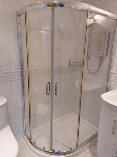 a shower with a glass door in a bathroom at Peaceful Self-contained room near Looe in Looe