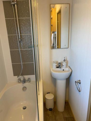 a bathroom with a sink and a shower and a toilet at Glade 50 Bideford Bay Holiday Park in Bideford