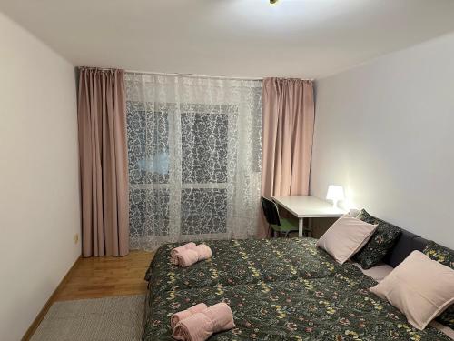 熱舒夫的住宿－Podkarpacka 50，一间卧室配有一张床、一张书桌和一个窗户。