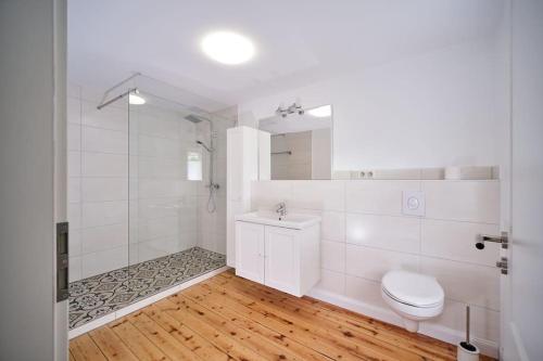 a white bathroom with a toilet and a shower at Großzügige Wohnung auf dem Hof Historischen Mühle in Holzhausen