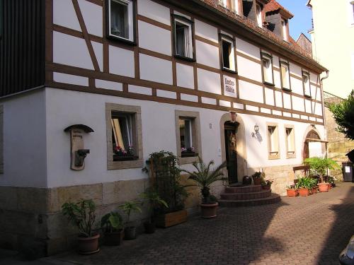 a building with potted plants in front of it at Ferienwohnung Vordermühle in Bad Schandau