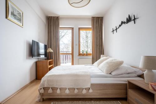 a bedroom with a large bed and a television at Apartamenty Zakopane Orkana APARTZAKOP in Zakopane