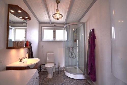 La salle de bains est pourvue d'une douche, de toilettes et d'un lavabo. dans l'établissement Luxury cosy cottage by the sea, à Karlstad