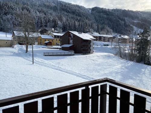 un patio cubierto de nieve con una casa en el fondo en Charmant appartement au pied des pistes de Lelex, en Lélex