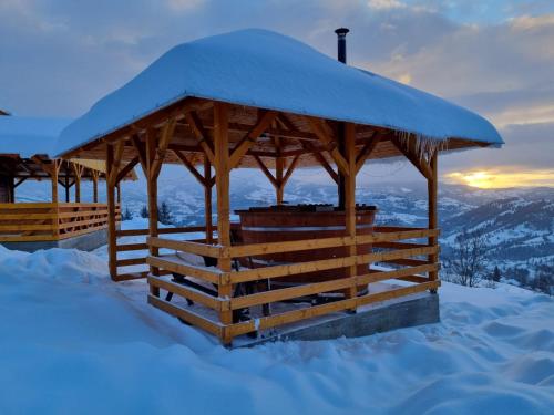 a snow covered gazebo on top of a mountain at Cabana Trif in Horea