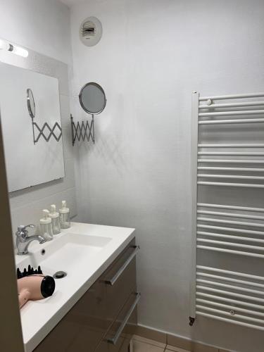 une salle de bain blanche avec un lavabo et un miroir dans l'établissement * Johnnie Walker * Hypercentre parking *, à Blois