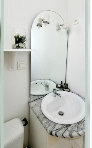 une salle de bain avec un lavabo et un miroir dans l'établissement Villa François - superbe T1 - D au pied des Thermes de Néris - Wifi avec fibre, à Néris-les-Bains