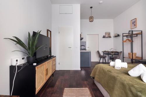 um quarto com uma cama e uma televisão numa cómoda em Central Apartment in Heart of Berlin em Berlim