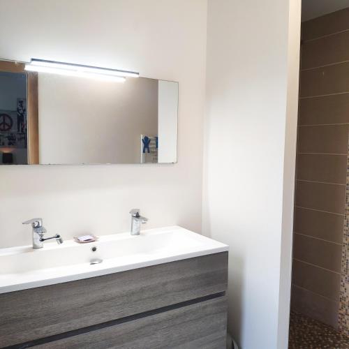 une salle de bain avec un lavabo blanc et un miroir dans l'établissement Grande chambre avec salle de bain privative, au Mans