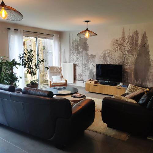 a living room with a couch and a tv at Grande chambre avec salle de bain privative in Le Mans