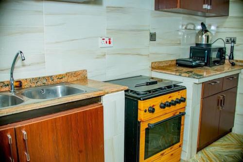 a small kitchen with a stove and a sink at Superb 2-Bedroom Duplex FAST WiFi+24Hrs Power in Lagos