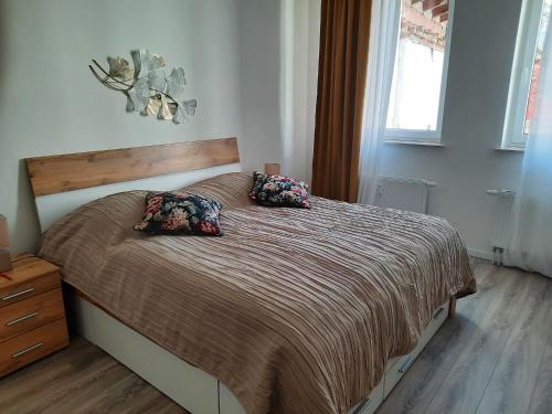 um quarto com uma cama com duas almofadas em Gästewohnung Alt Salbke mit Küche em Magdeburg