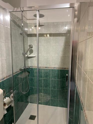 a shower with a glass door in a bathroom at Španić palace in Korčula