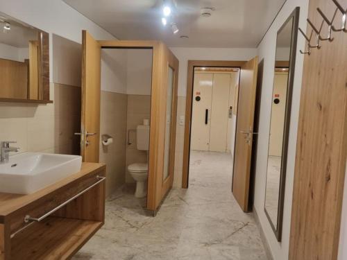 een badkamer met een wastafel en een toilet bij Haus Wildbach in Kappl
