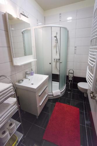 y baño con lavabo, ducha y alfombra roja. en Azúr Ház Gyöngyvirág Apartman en Sárvár