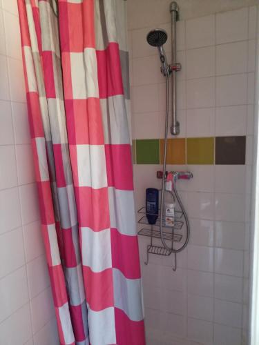 una ducha con cortina de ducha de rayas rojas y blancas en La CAMPAGNE A LA VILLE en Dijon