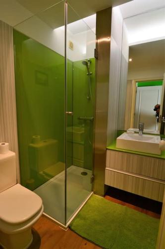 a green bathroom with a toilet and a sink at Dunas Flat in Lavra