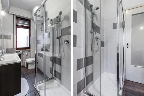 e bagno con doccia, servizi igienici e lavandino. di MilanRentals - Vigliani Apartments a Milano
