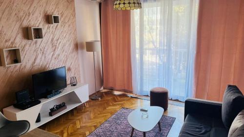 a living room with a couch and a tv at Majdini Clock Tower Apartman in Podgorica
