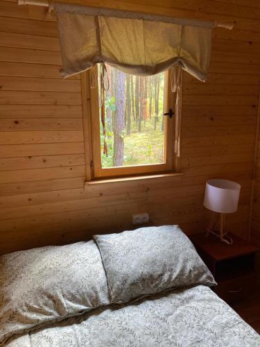 a bedroom with a bed in front of a window at Domki w Sosnowym Lesie in Rembów