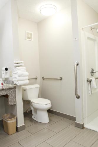 a bathroom with a toilet and a shower with towels at Days Inn by Wyndham Forest in Forest