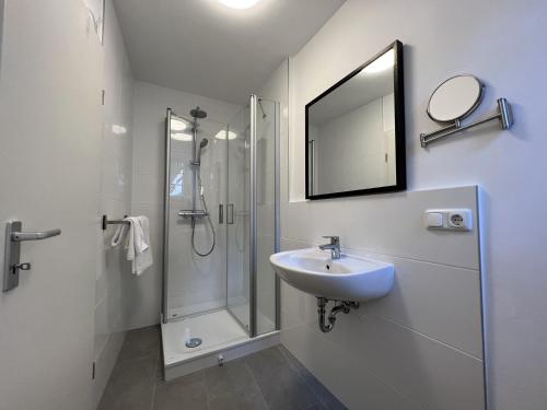een badkamer met een douche, een wastafel en een spiegel bij Altstadt Fereienwohnung Hameln in Hameln