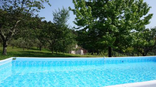 uma piscina azul com árvores ao fundo em Agriturismo le Vallilunghe em Lucca