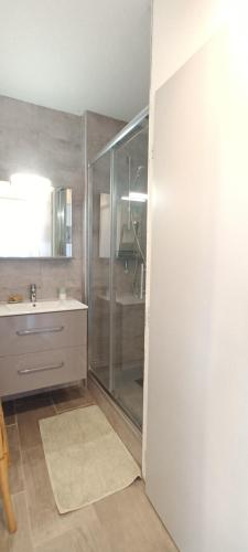 une salle de bain avec douche et lavabo dans l'établissement LE CHERRY GARDEN - Hameau du Rivage Appartement en résidence avec piscine - parking - proche plage, à Saint-Cyprien