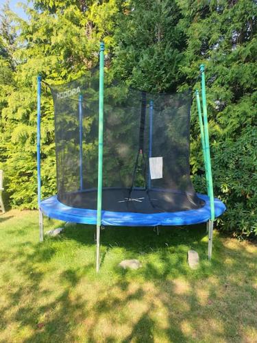 a blue trampoline in the grass in a field at Bungalow 3-Zimmer / Wlan / Garten / Parkplatz in Stadt Schenefeld