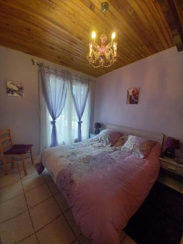 - une chambre avec un lit, un lustre et une fenêtre dans l'établissement Aux 4 mousquetaires Athos, à Capvern