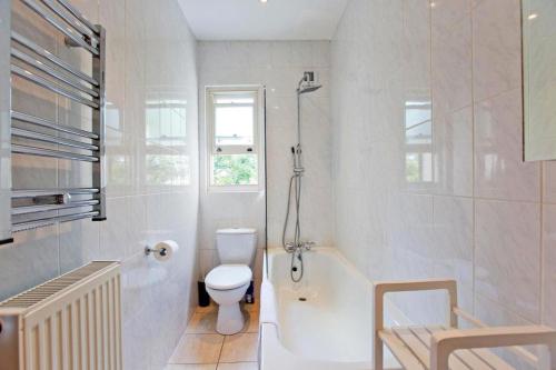 a white bathroom with a toilet and a shower at Elphinstone HomeShare in Portsmouth