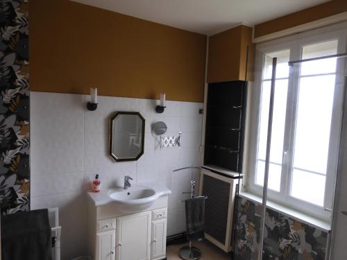 ein Bad mit einem Waschbecken und einem Spiegel in der Unterkunft LA GOELETTE et son jardin clos sans parking privé in Étretat