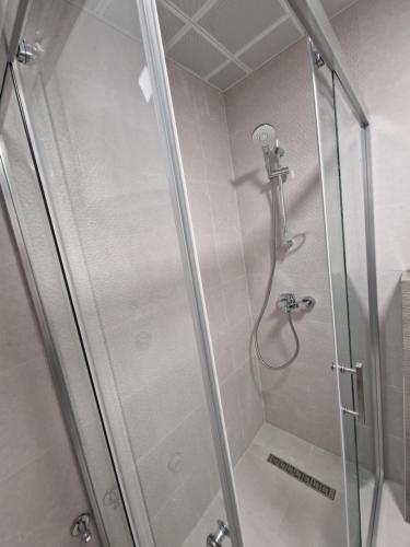 prysznic ze szklanymi drzwiami w łazience w obiekcie The Apartment w mieście Skopje