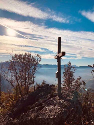 a wooden cross on the top of a mountain at Ferienhof am Landsberg in Obergrünburg