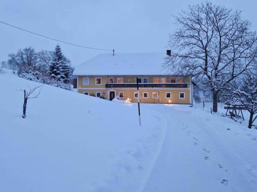 a house in the snow with footprints in the snow at Ferienhof am Landsberg in Obergrünburg
