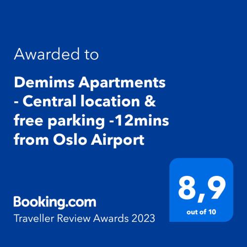 a screenshot of a phone with the text awarded to claims arguments central location and free at Demims Apartments Lillestrøm - Central location & Parking in Lillestrøm