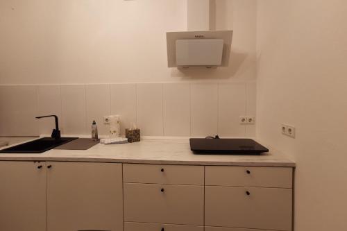 a kitchen counter with a sink and a laptop on it at Apartment close to Lake Ferienwohnung Seenah in Sipplingen