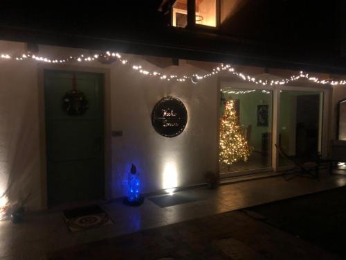 a room with a christmas tree and lights on the wall at Il Vecchio Comune B&B in Cintano
