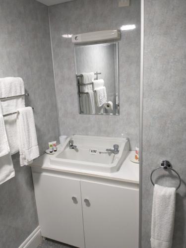 a bathroom with a white sink and a mirror at Llanina Arms in Llanarth