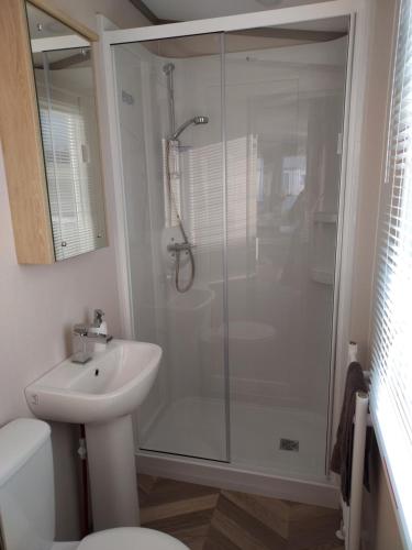 a bathroom with a shower and a toilet and a sink at Hoburne Bashley Self-Catering Holiday Home in New Milton